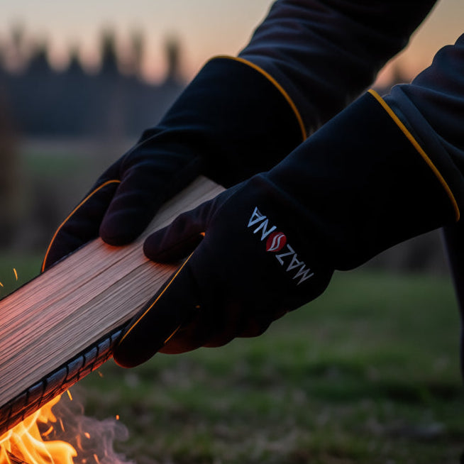 Person adding wood to a campfire with a blurred natural background wearing Mazona Stoves heat resistant gloves
