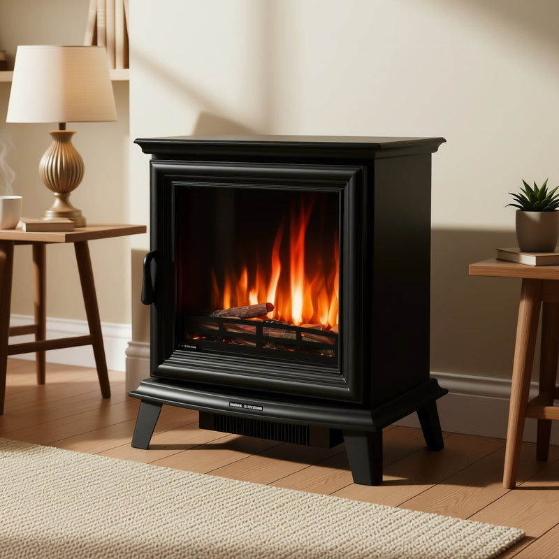 Living room with a black stove, beige armchair, and wooden shelves.