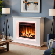 Modern living room with a fireplace, blue sofa, and wooden coffee table.