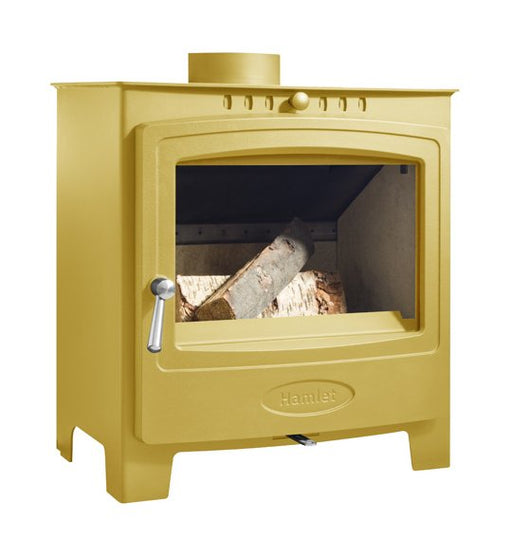 Arada Hamlet Solution 5 Widescreen Raincoat Yellow Stove, Multi Fuel, Wood Burning, Freestanding (S4) Ecodesign Approved, DEFRA Approved on white background