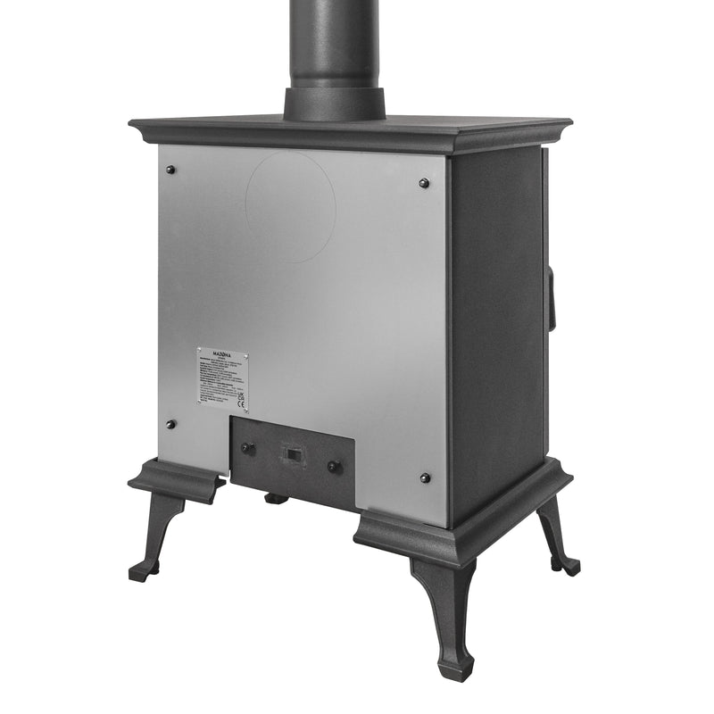 back of Mazona Bedford multifuel stove on white background 