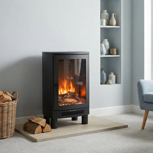 Modern living room with a freestanding stove, armchair, and decorative items.