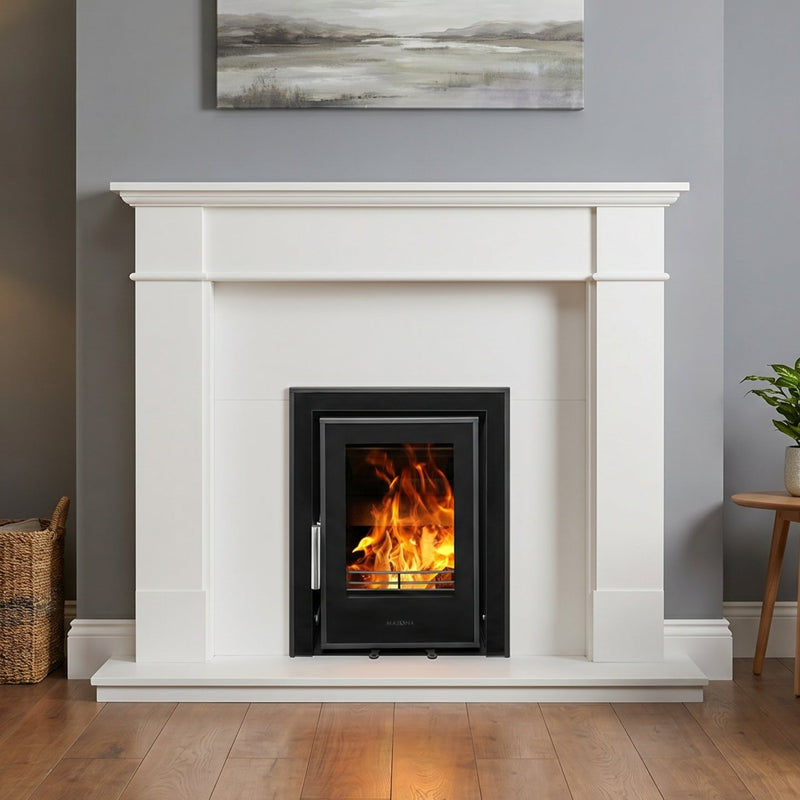 Living room with a white fireplace, gray walls, and wooden floor.