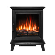An electric freestanding stove with a black exterior featuring a visible LED simulated flame effect inside.