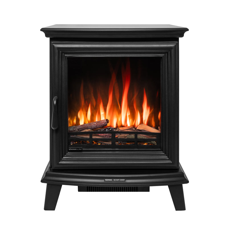 An electric freestanding stove with a black exterior featuring a visible LED simulated flame effect inside.