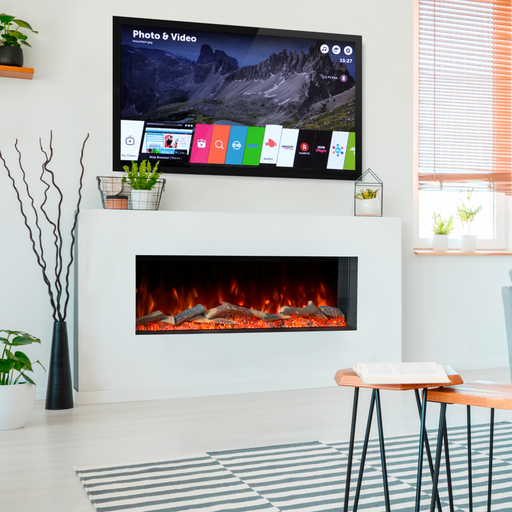 Modern living room with a flat-screen TV above an electric fireplace.