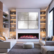 Modern living room with electric fireplace, shelves, and artwork.