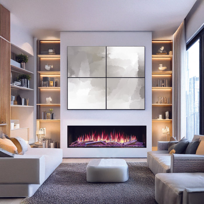 Modern living room with electric fireplace, shelves, and artwork.