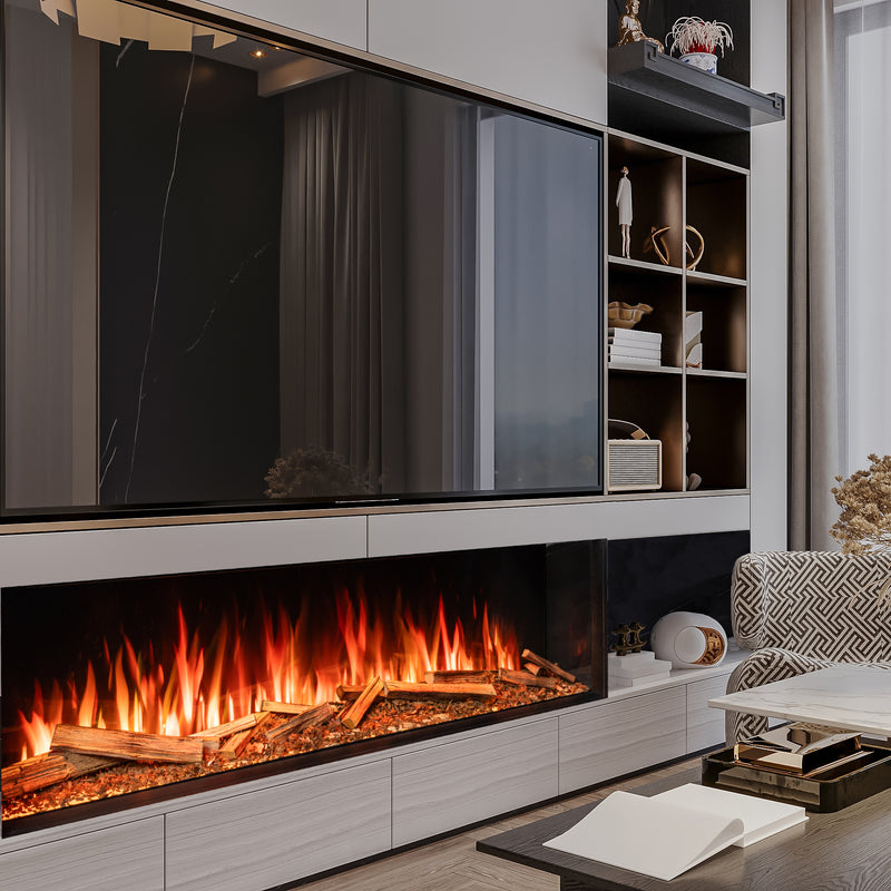 Modern living room with a built-in entertainment unit featuring a fireplace and shelves.