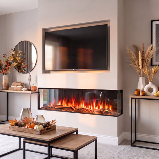 modern media wall with landscape fire and autumnal decor 