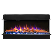Electric fireplace insert with glowing logs and flames on a white background