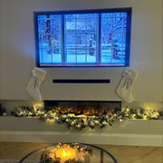 Ezee Glow 50'' Celestial Built-In Media Wall Electric Fire, flames, logs, crystals, cosy, christmas fire, snowing, wreaths, living room setting