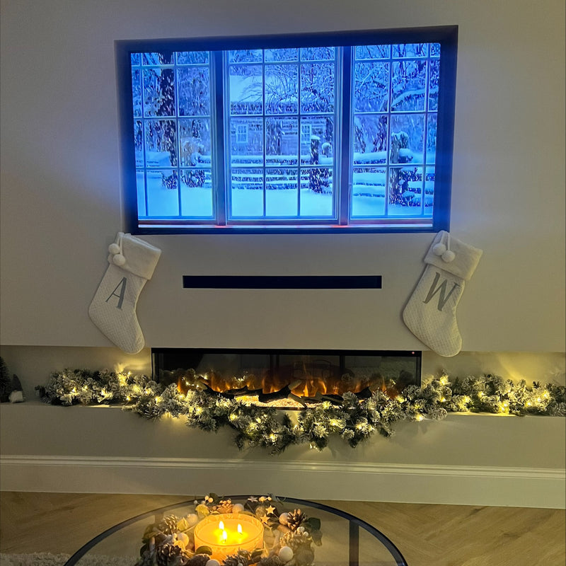 Ezee Glow 50'' Celestial Built-In Media Wall Electric Fire, flames, logs, crystals, cosy, christmas fire, snowing, wreaths, living room setting