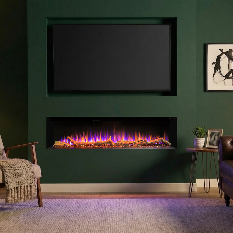 Ezee Glow 50'' Celestial Built-In Media Wall Electric Fire, media wall, decorative living area, cosy fire, flames, logs, crystals