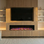 Ezee Glow 60'' Celestial Built-In Media Wall Electric Fire, bright, tv, panelling media wall, wooden, flames, crystals, logs, decorative living area
