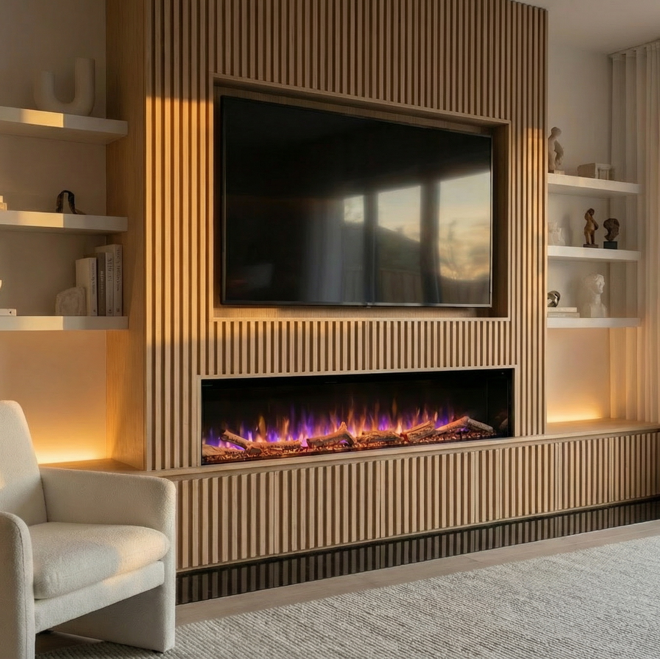 Ezee Glow 60'' Celestial Built-In Media Wall Electric Fire, bright, tv, panelling media wall, wooden, flames, crystals, logs, decorative living area