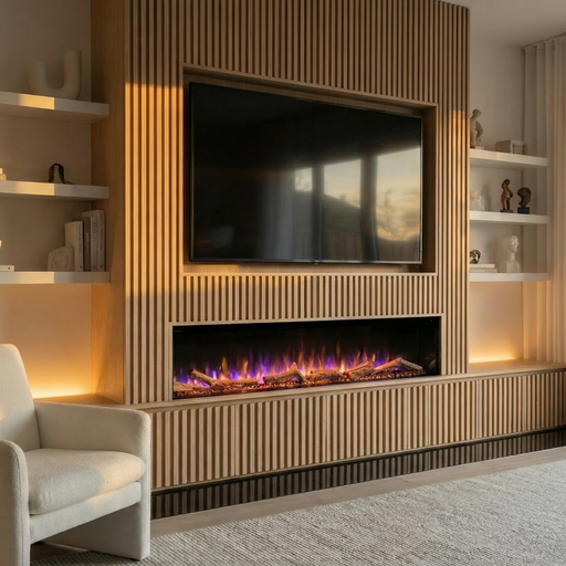 Ezee Glow 60'' Celestial Built-In Media Wall Electric Fire, bright, tv, panelling media wall, wooden, flames, crystals, logs, decorative living area