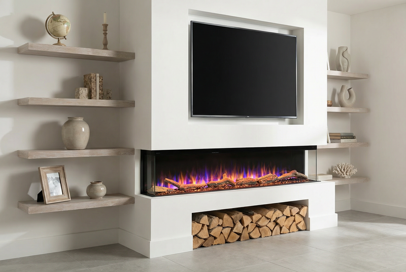 Ezee Glow 72'' Celestial Built-In Media Wall Electric Fire , living room setting, logs, tv, decorative room, side view, flames