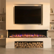 Ezee Glow 72'' Celestial Built-In Media Wall Electric Fire , living room setting, logs, tv, decorative room, front view, flames