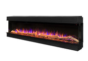 Ezee Glow 72'' Celestial Built-In Media Wall Electric Fire flames, logs and crystals white background side view