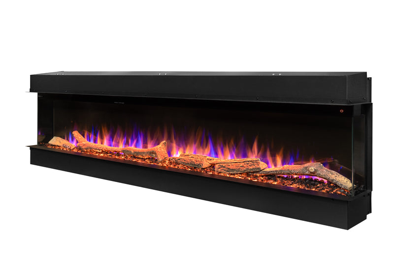 Ezee Glow 72'' Celestial Built-In Media Wall Electric Fire flames, logs and crystals white background side view