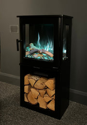 electric log burner in living room with blue flame 