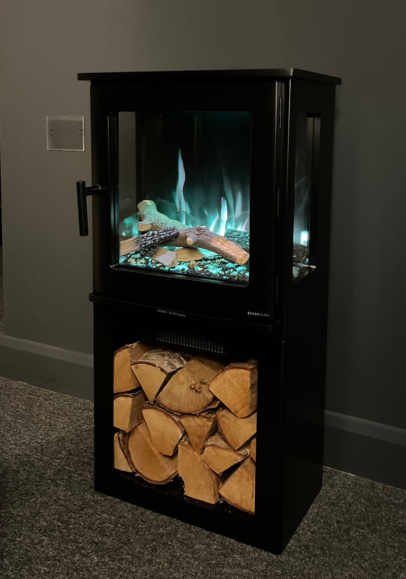 electric log burner in living room with blue flame 