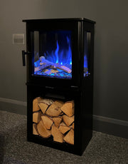 electric log burner in living room with blue flame 