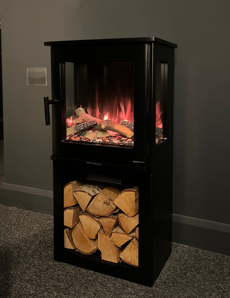 electric log burner in living room with orange flame 
