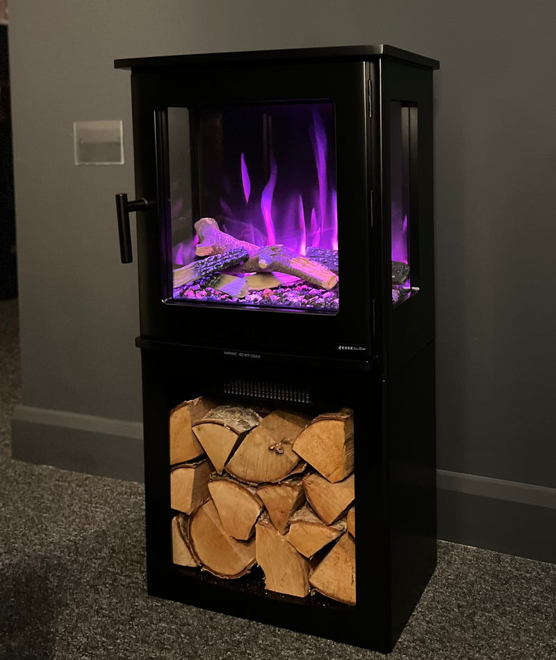 electric log burner in living room with purple flame 