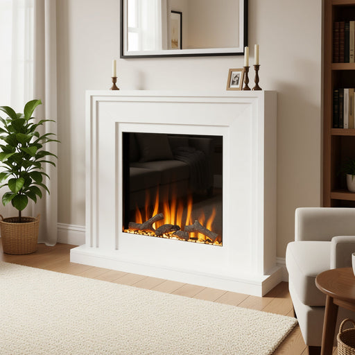 Cozy living room with a fireplace, beige sofa, and decorative elements.