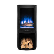 Ezee Glow E-Solera Electric Freestanding Stove With Log Store 1.9kW with blue flames on white background front facing