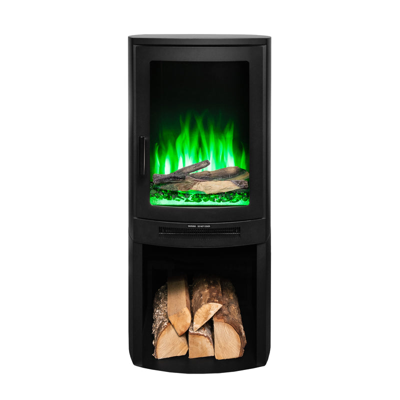 Ezee Glow E-Solera Electric Freestanding Stove With Log Store 1.9kW with green flames on white background front facing