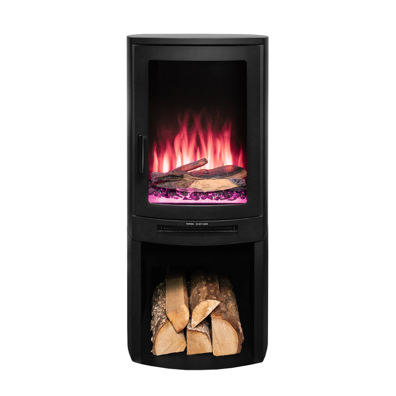 Ezee Glow E-Solera Electric Freestanding Stove With Log Store 1.9kW with red flames, purple crystals on a white background front facing
