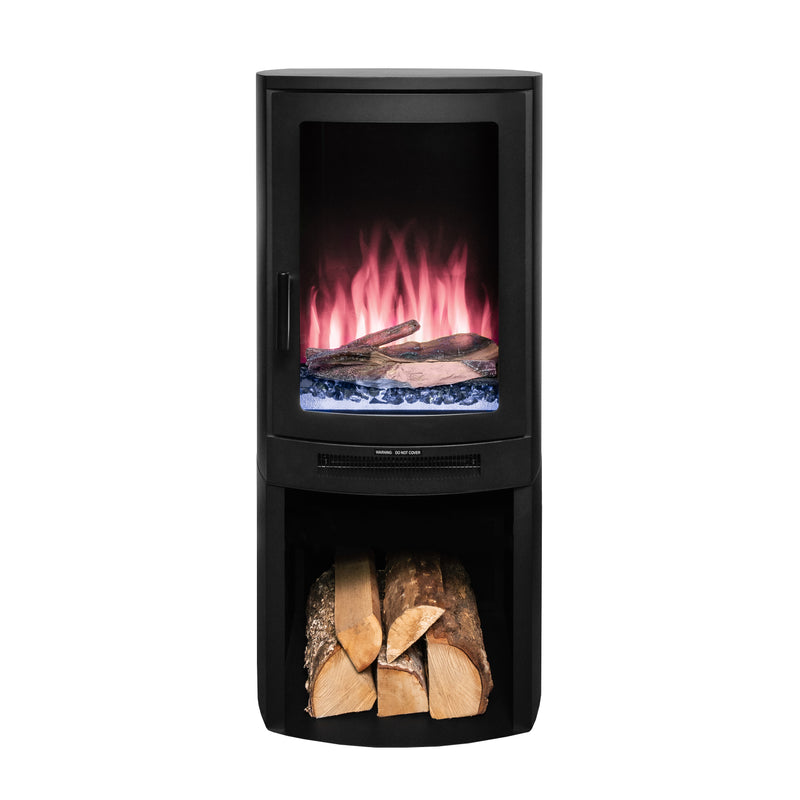 Ezee Glow E-Solera Electric Freestanding Stove With Log Store 1.9kW with red flames blue crystals on a white background front facing