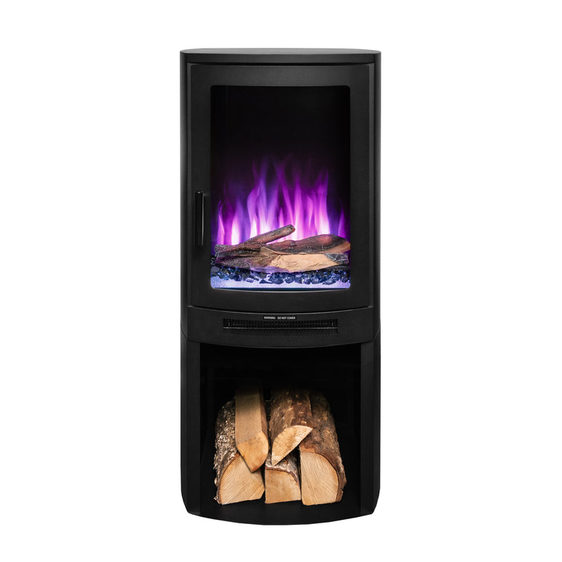 Ezee Glow E-Solera Electric Freestanding Stove With Log Store 1.9kW with purple flames on white background front facing