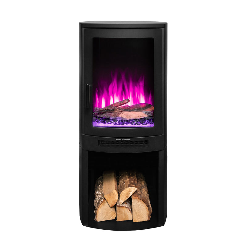 Ezee Glow E-Solera Electric Freestanding Stove With Log Store 1.9kW with pink flames purple crystals on a white background front facing