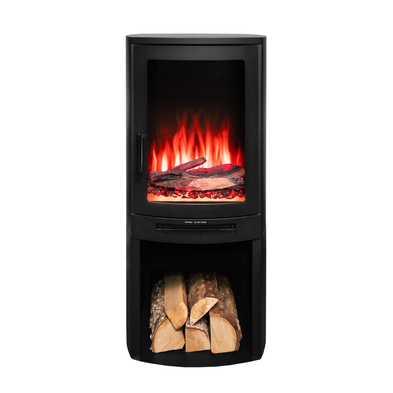 Ezee Glow E-Solera Electric Freestanding Stove With Log Store 1.9kW with red flames on a white background front facing