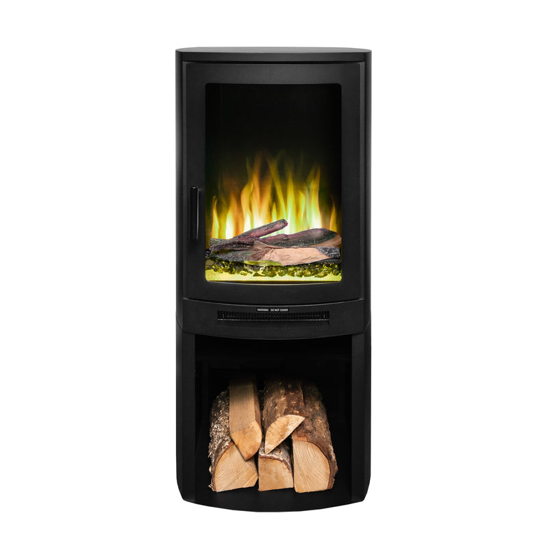 Ezee Glow E-Solera Electric Freestanding Stove With Log Store 1.9kW with yellow flames on white background front facing