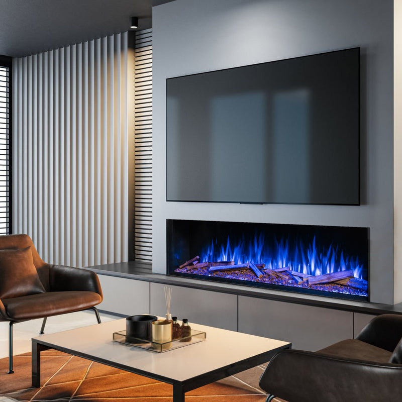 Modern living room with a television mounted above an electric fireplace.