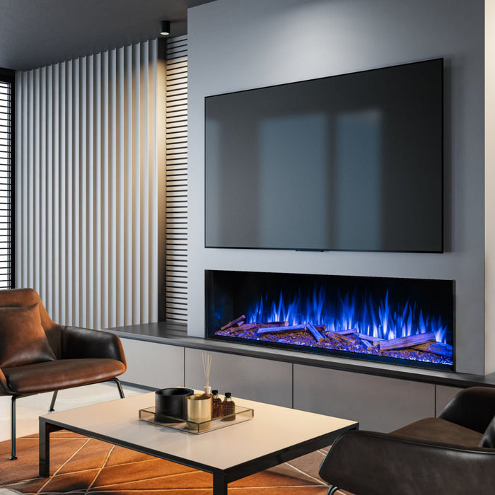 Modern living room with a television mounted above an electric fireplace.