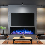 Modern living room with a television mounted above a media wall electric fireplace.