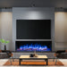 Modern living room with a television mounted above a media wall electric fireplace.