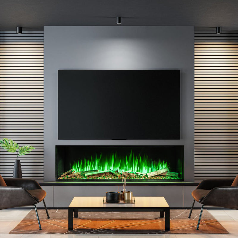 Modern living room with media wall electric fireplace and flat-screen TV.