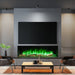 Modern living room with media wall electric fireplace and flat-screen TV.