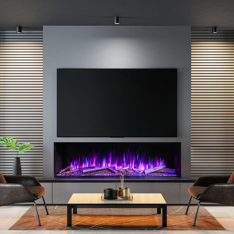 Modern living room with electric fireplace and flat-screen TV.