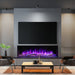 Modern living room with electric fireplace and flat-screen TV.
