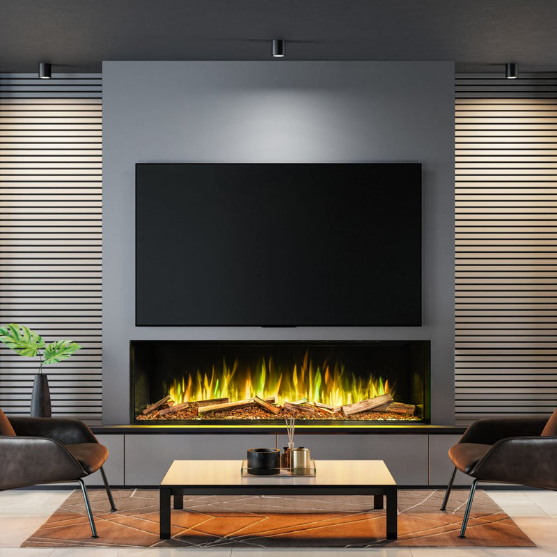 Modern living room with electric fireplace and flat-screen TV.