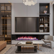 Modern living room with a built-in entertainment unit featuring a fireplace and shelves.