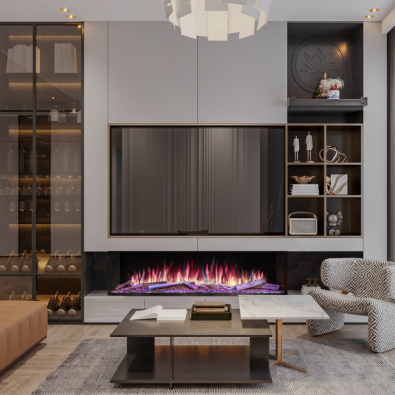 Modern living room with a built-in entertainment unit featuring a fireplace and shelves.
